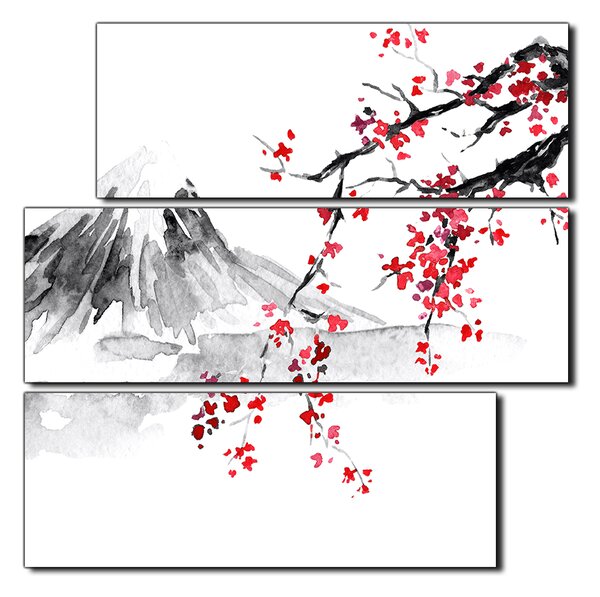 Slika na platnu - Tradicionalno sumi-e slikarstvo: sakura, sunce i planine - kvadrat 3271D (75x75 cm)