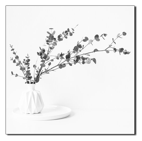 Slika na platnu - Grana eukaliptusa u bijeloj vazi na bijeloj pozadini - kvadrat 3272QA (50x50 cm)