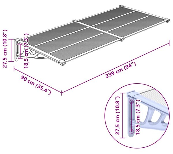 Nadstrešnica za vrata siva i prozirna 239 x 90 cm polikarbonat - Prozirna / 239 x 90 cm