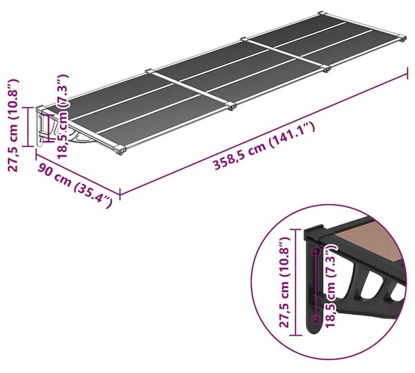 Nadstrešnica za vrata crna 358,5x90 cm polikarbonatna - Crna / 358.5 x 90 cm