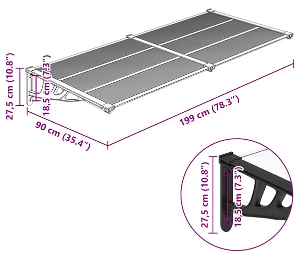 Nadstrešnica za vrata crna i prozirna 199 x 90 cm polikarbonat - Prozirna / 199 x 90 cm