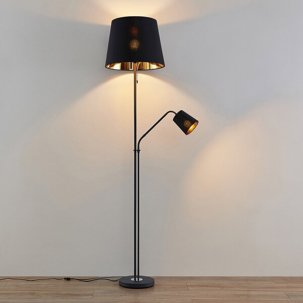 Lindby podna lampa Efalia, crna/zlatna, tekstil, svjetlo za čitanje, Crno, Dnevni boravak/blagovaonica, Metal