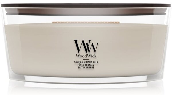 Woodwick Tonka & Almond Milk mirisna svijeća s drvenim fitiljem 453.6 g