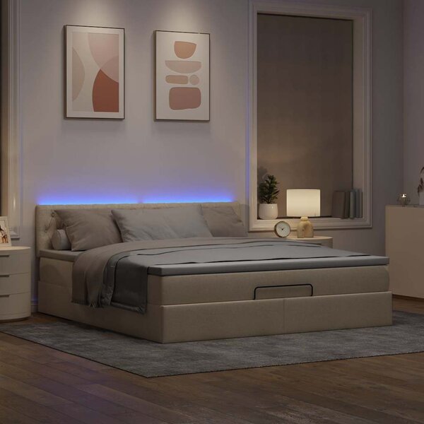 Otomanski krevet s madracem i LED krem 160x200cm tkanine - Krema / 160 x 200 cm