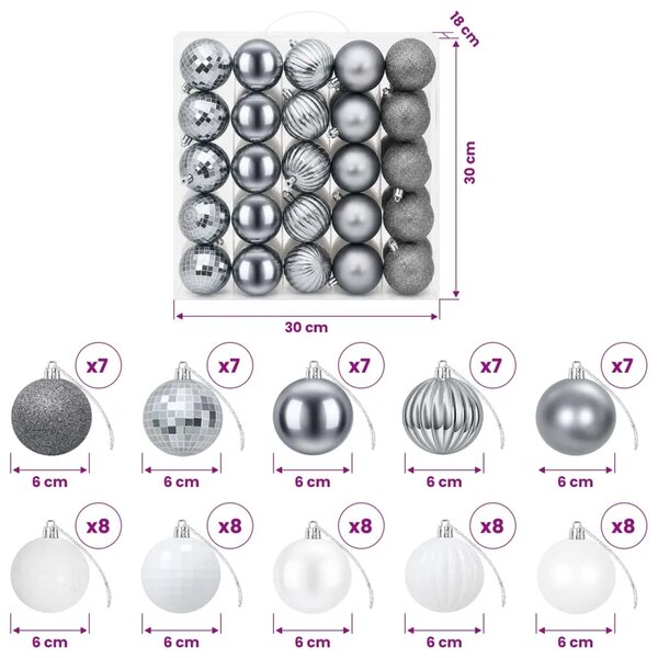 Set božićnih kuglica 75 kom. Bijela i siva 6 cm Polistiren - Bijela i siva