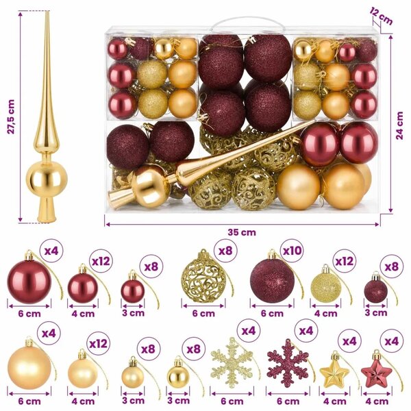 Set božićnih kuglica 111 kom. Zlatna i vinsko crvena 6 cm - Zlatna i vinsko crvena