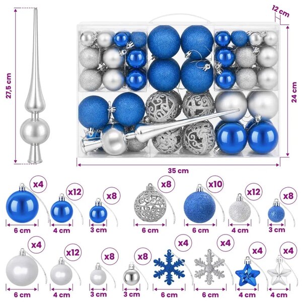 Set božićnih kuglica 111 kom. Plava i srebrna 6 cm Polistiren - Plava i srebrna