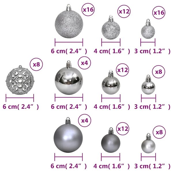 Božićne kuglice 100 kom sive 3/4/6 cm - Siva