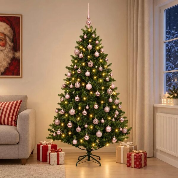 Umjetno božićno drvce s kuglicom 180 cm 300 LED lampica - Zelena 180 cm s LED-ima i ružičastim lopticama