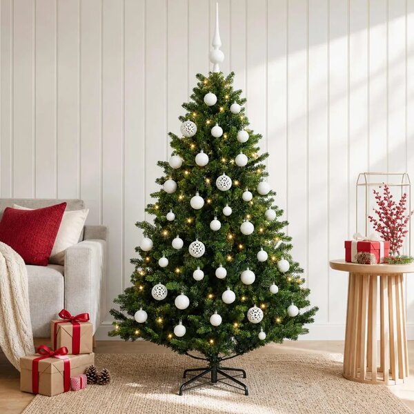 Umjetno božićno drvce s kuglicama 120 cm 150 LED lampica - Zelena 120 cm s LED žaruljama i bijelim kuglicama