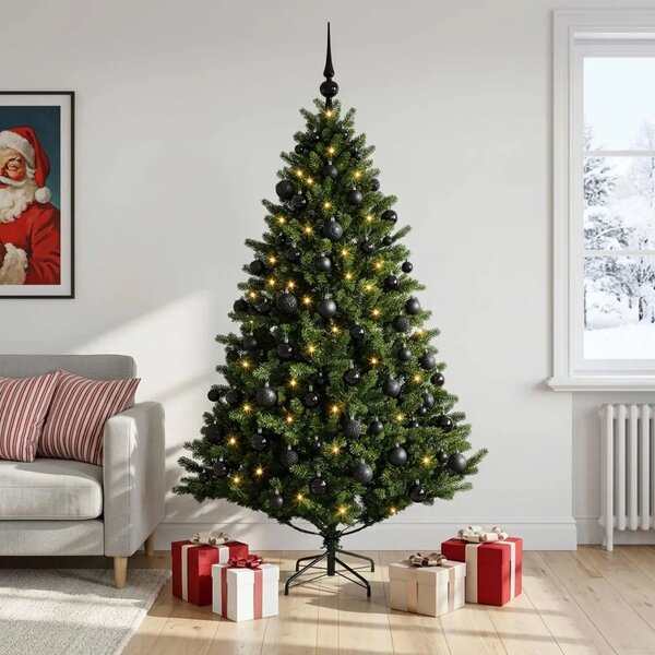 Umjetno božićno drvce s kuglicama 180 cm 300 LED lampica - Zelena 180 cm s LED-ima i crnim lopticama