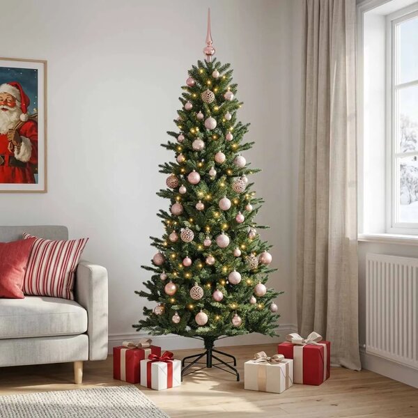 Umjetno božićno drvce s kuglicom 180 cm 300 LED lampica - Zelena 180 cm s LED-ima i ružičastim lopticama