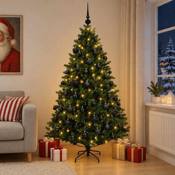Umjetno božićno drvce s kuglicama 180 cm 300 LED lampica - Zelena 180 cm s LED-ima i crnim lopticama