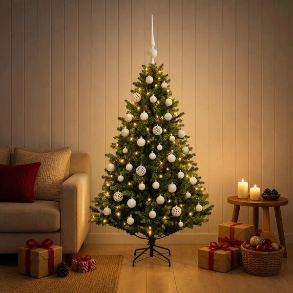 Umjetno božićno drvce s kuglicama 120 cm 150 LED lampica - Zelena 120 cm s LED žaruljama i bijelim kuglicama