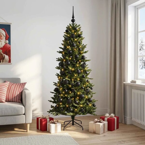Umjetno božićno drvce s kuglicom 180 cm 300 LED lampica - Zelena 180 cm s LED-ima i crnim lopticama