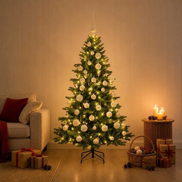 Umjetno božićno drvce s kuglicom 120 cm 150 LED lampica - 120 cm s LED žaruljama i bijelim kuglicama