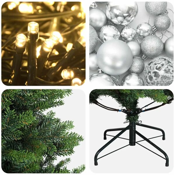 Umjetno božićno drvce s kuglicama 120 cm 150 LED lampica - Zelena 120 cm s LED-ima i srebrnim lopticama