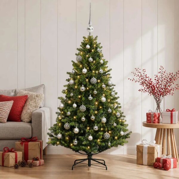 Umjetno božićno drvce s kuglicama 120 cm 150 LED lampica - Zelena 120 cm s LED-ima i srebrnim lopticama