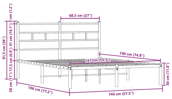 Okvir kreveta bez madraca s uzglavljem boja hrasta 140x190 cm - Smeđa / 140 x 190 cm