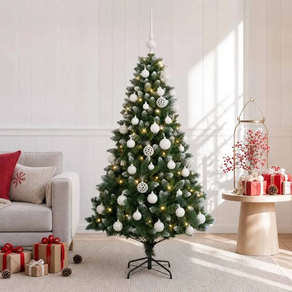 Umjetno božićno drvce s kuglicama 120 cm 150 LED lampica - 120 cm s LED žaruljama i bijelim kuglicama