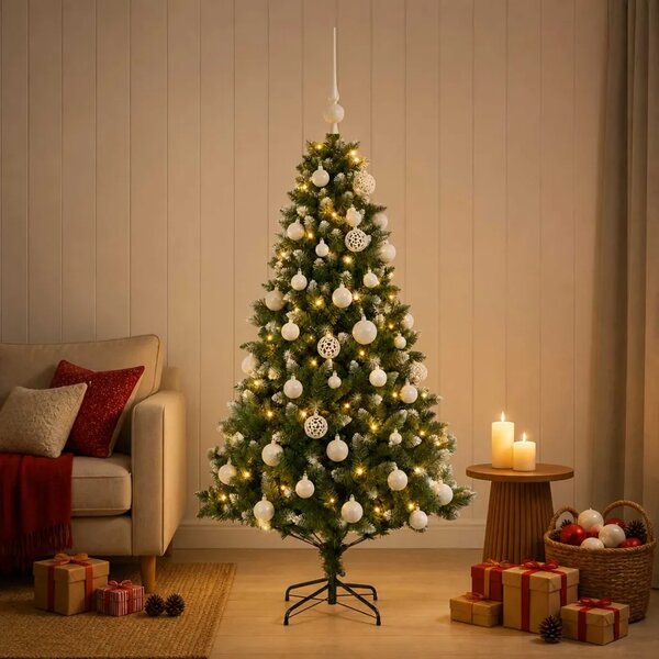 Umjetno božićno drvce s kuglicama 120 cm 150 LED lampica - 120 cm s LED žaruljama i bijelim kuglicama