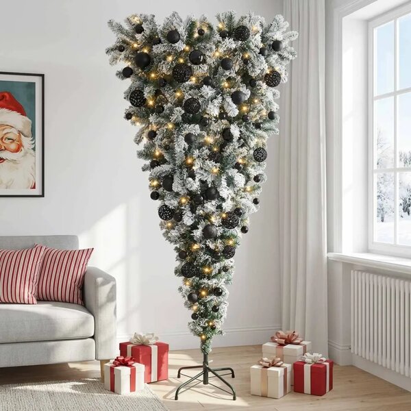 Obrnuto umjetno božićno drvce s granama 180 cm 300 LED lampica - 180 cm s LED-ima i crnim lopticama
