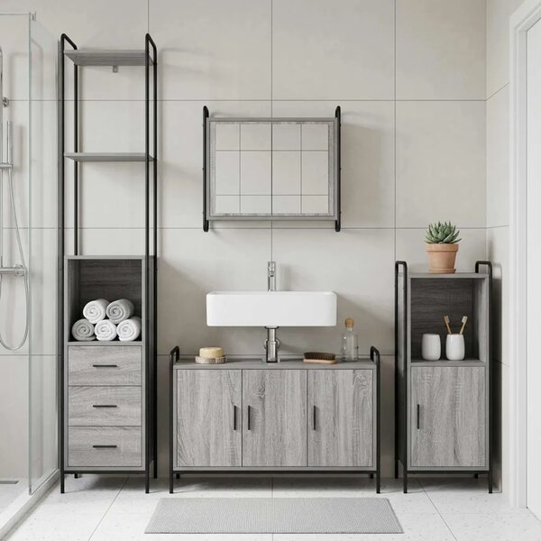 Set ormarića za kupaonicu 3 kom. Siva Sonoma 40 x 36 x 181 cm - Siva Sonoma Ormarić ispod sudopera (3 vrata) + viseći ormarić +