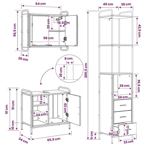 Set ormarića za kupaonicu 3 kom. Crni hrast 40 x 36 x 200 5 cm - Crni hrast Ormar s umivaonikom (1 vrata i 1 polica) + viseći or