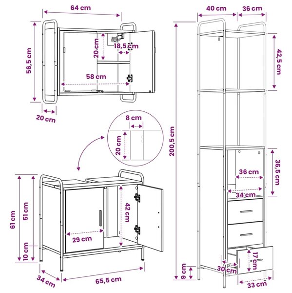 Set ormarića za kupaonicu 3 kom. Staro drvo 40 x 36 x 200 5 cm - Staro drvo Ormar s umivaonikom (2 vrata) + viseći ormar