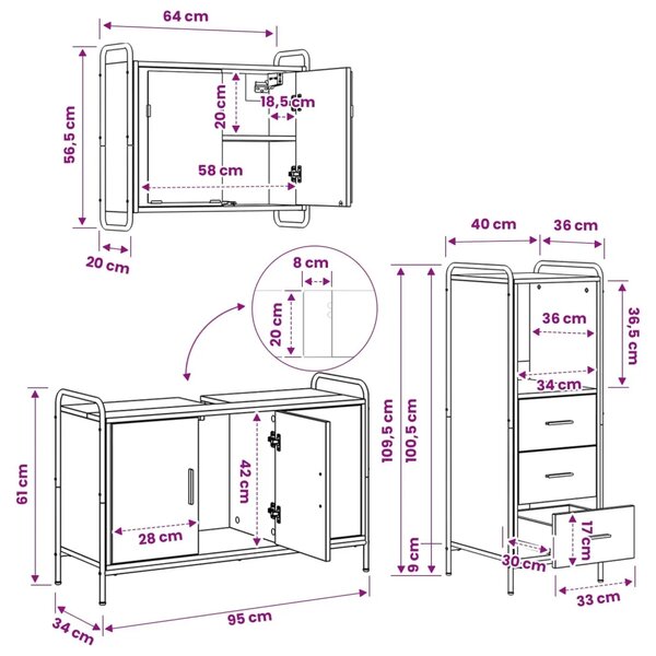 Set ormarića za kupaonicu 3 kom. Crni hrast 40 x 36 x 109 5 cm - Crni hrast Ormarić ispod sudopera (3 vrata) + viseći ormarić +