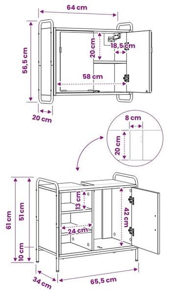 Set ormarića za kupaonicu 2 kom. Staro drvo 65 5 x 34 x 61 cm - Staro drvo Ormar s umivaonikom (1 vrata i 1 polica) + viseći orm