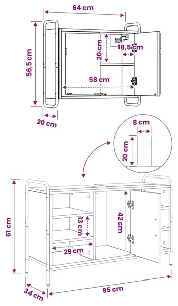 Set ormarića za kupaonicu 2 kom. Crni hrast 65 5 x 34 x 61 cm - Crni hrast Kuhinjska elemenata (1 vrata i 2 police) + viseći orm