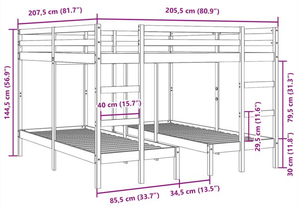 Trostruki krevet na kat bijeli 200x200/80x200 cm od borovine - Bijela / 200 x 200/80 x 200 cm