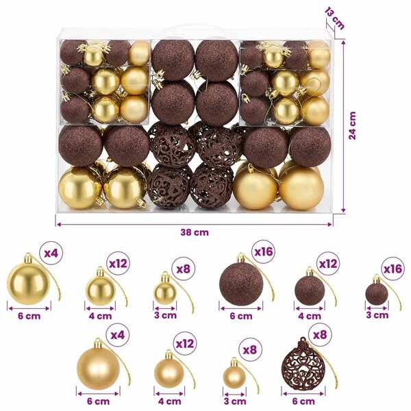 Set božićnih kuglica 100 komada 3/4/6 cm smeđi/brončani/zlatni - Smeđa/brončana/zlatna