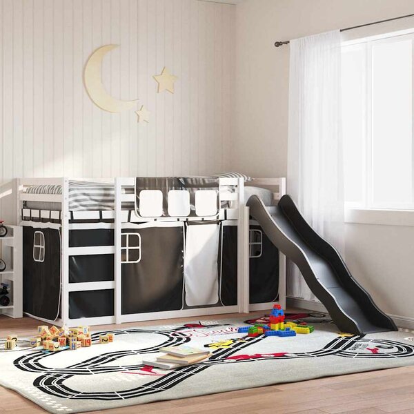 Krevet na kat s toboganom i zavjesama bijelo-crni 90 x 190 cm - Crna / 90 x 190 cm