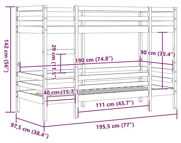 Krevet na kat 90 x 190 cm od masivne borovine - Smeđa / 90 x 190 cm