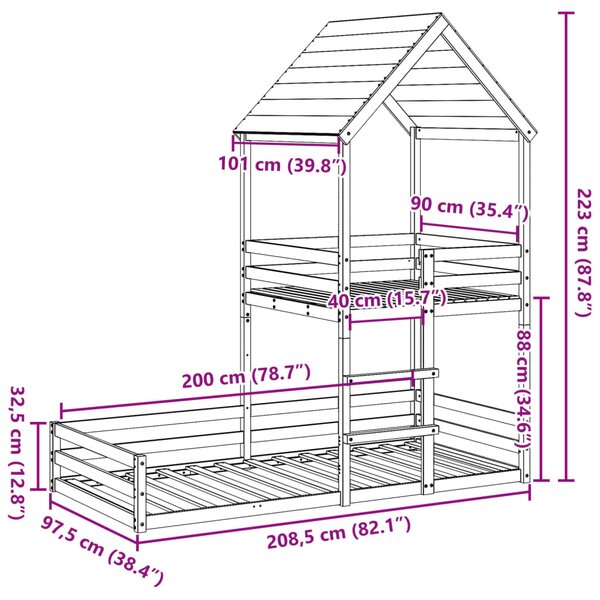 Krevet na kat s krovom bijeli 90 x 200 cm od masivne borovine - Bijela / 90 x 200 cm