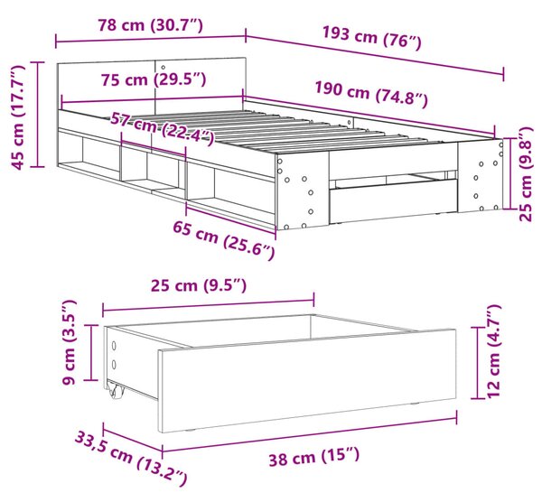 Okvir kreveta s ladicom boja hrasta sonome 75x190 cm drveni - Smeđa / 75 x 190 cm