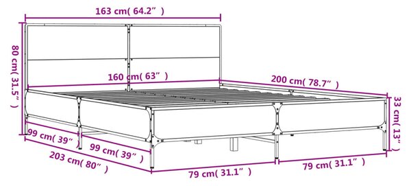 Okvir kreveta boja hrasta 160x200 cm konstruirano drvo i metal - Siva / 160 x 200 cm