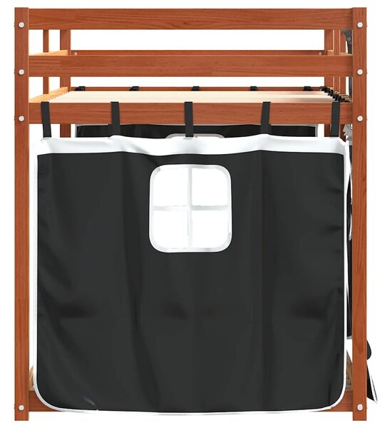 Krevet na kat sa zavjesama bijelo-crni 90 x 200 cm od borovine - Crna / 90 x 200 cm