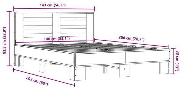 Okvir kreveta boja hrasta 140x200cm konstruirano drvo i metal - Siva / 140 x 200 cm