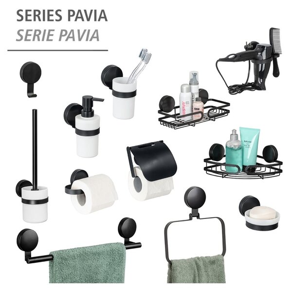Crna kutna kupaonska polica Wenko Static-Loc® Pavia, širine 27 cm