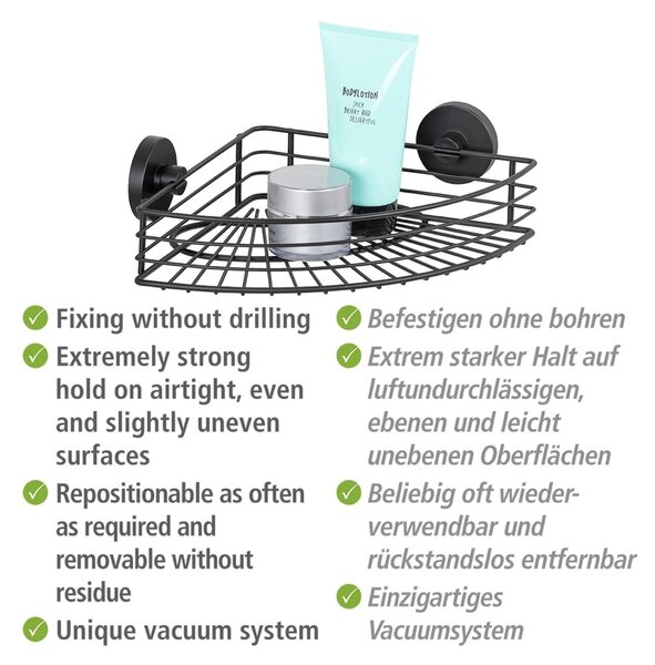 Crna kutna polica za kupaonicu Wenko Vacuum-Loc® Bari