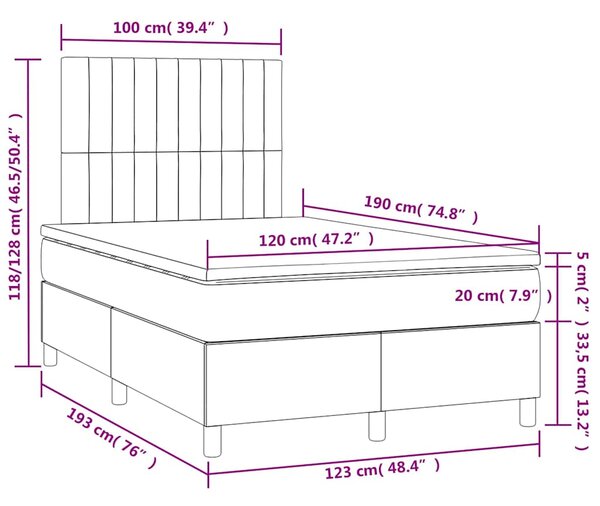 Krevet box spring s madracem LED svjetlosivi 120x190 cm tkanina - Siva / 120 x 190 cm