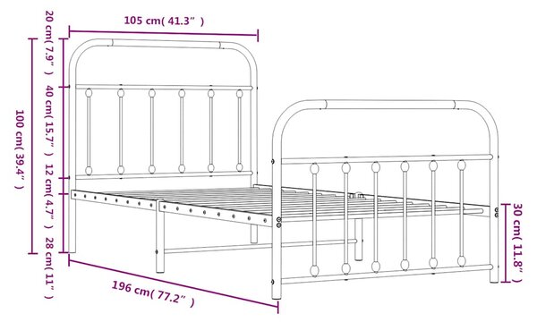 Metalni okvir kreveta uzglavlje i podnožje bijeli 100x190 cm - Bijela / 100 x 190 cm