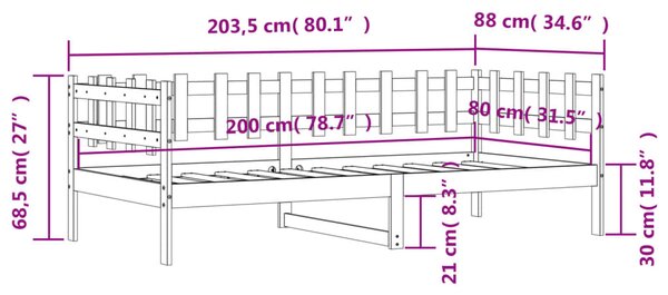 Dnevni ležaj crni 80 x 200 cm od masivne borovine - Crna / 80 x 200 cm