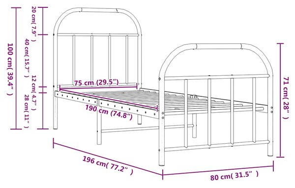 Metalni okvir kreveta uzglavlje i podnožje crni 75x190 cm - Crna / 75 x 190 cm