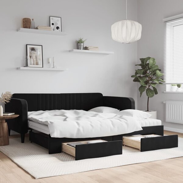 Dnevni krevet na razvlačenje s ladicama crni 100x200 cm baršun - Crna / 100 x 200 cm