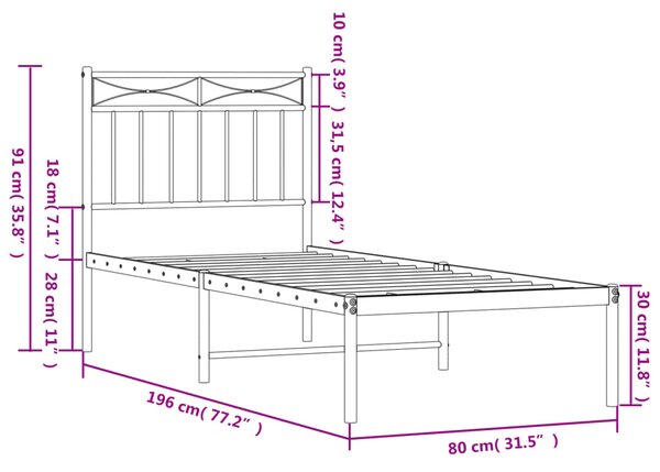 Metalni okvir krevet bez madraca s uzglavljem bijeli 75x190 cm - Bijela / 75 x 190 cm