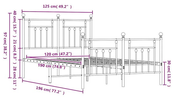 Metalni okvir kreveta uzglavlje i podnožje bijeli 120x190 cm - Bijela / 120 x 190 cm